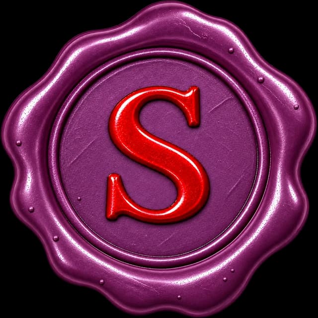The Steward wax seal: a plum seal stamped with a burgundy S.